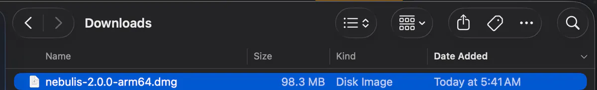 The Nebulis disk image open in Finder, with the app icon on the left and an Applications folder shortcut on the right, joined by an arrow.