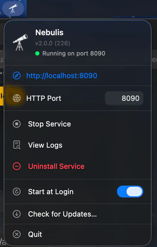 The Nebulis menu bar menu, showing Open Nebulis, Open in Web Browser, an HTTP Port field, service controls, and View Logs.