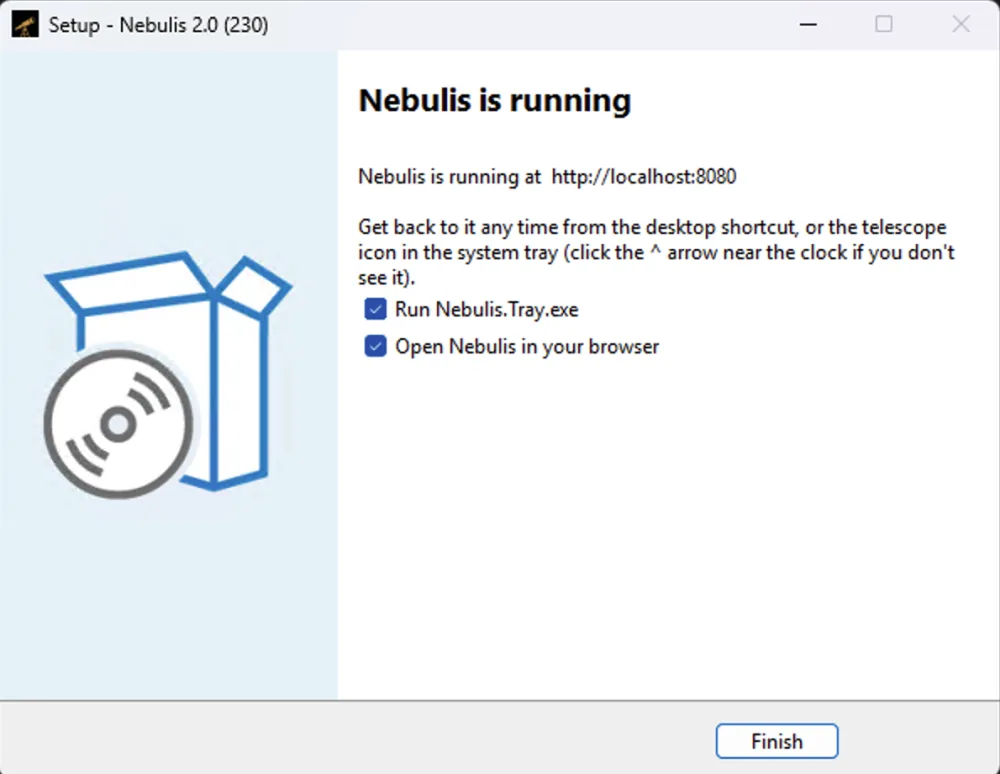 The Finished page of the setup wizard, with "Open Nebulis in your browser" checked.