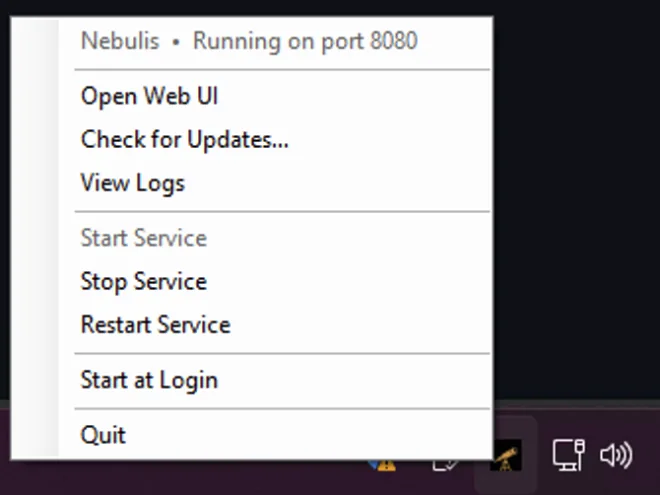 The Nebulis tray menu, showing Open Web UI, View Logs, service controls, and Quit.
