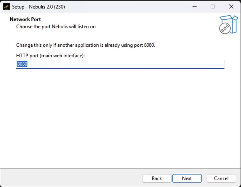 The Network Port page of the Nebulis setup wizard, with the port field set to 8080.