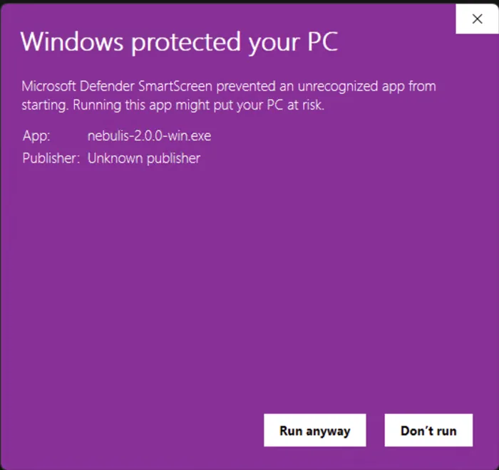 The Windows SmartScreen prompt with More info expanded, revealing the Run anyway button.
